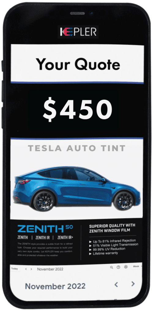 A quote for a Tesla by TintBusiness for window tint with Kepler's Zenith window film